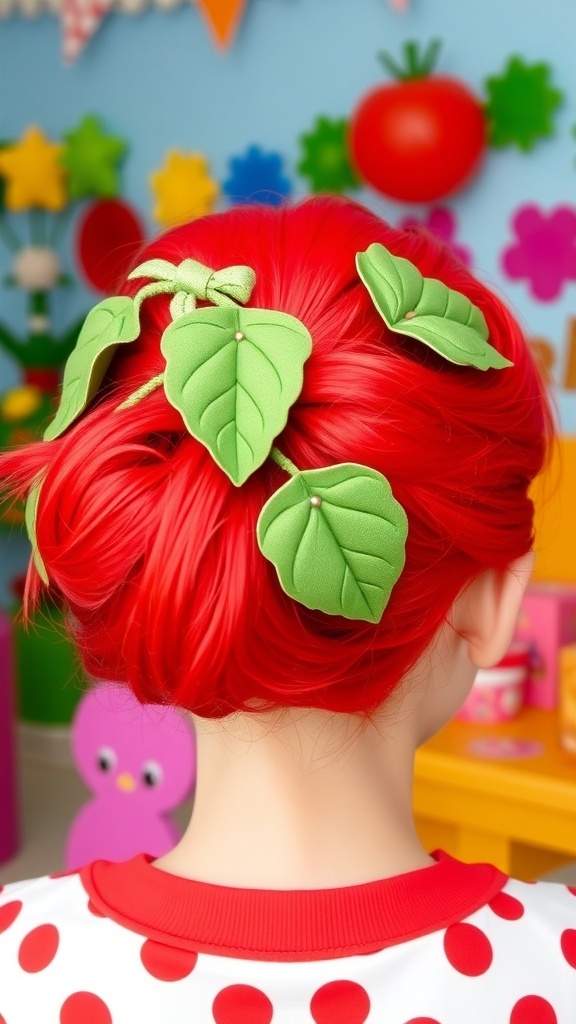 A creative tomato hairstyle with red hair and green accents, styled in a bun.